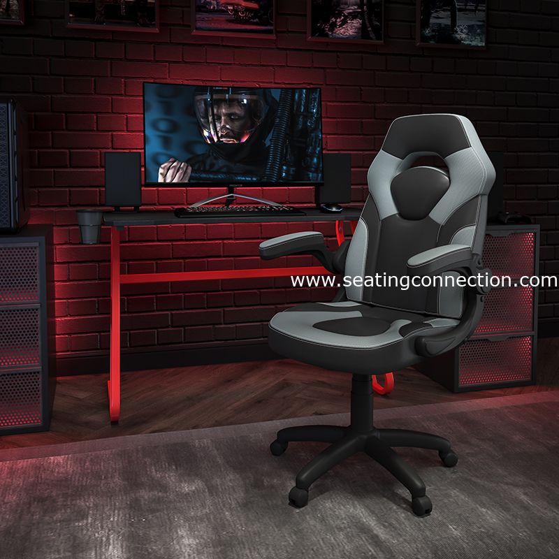 Red Gaming Desk and Gray/Black Racing Chair Set with Cup Holder and