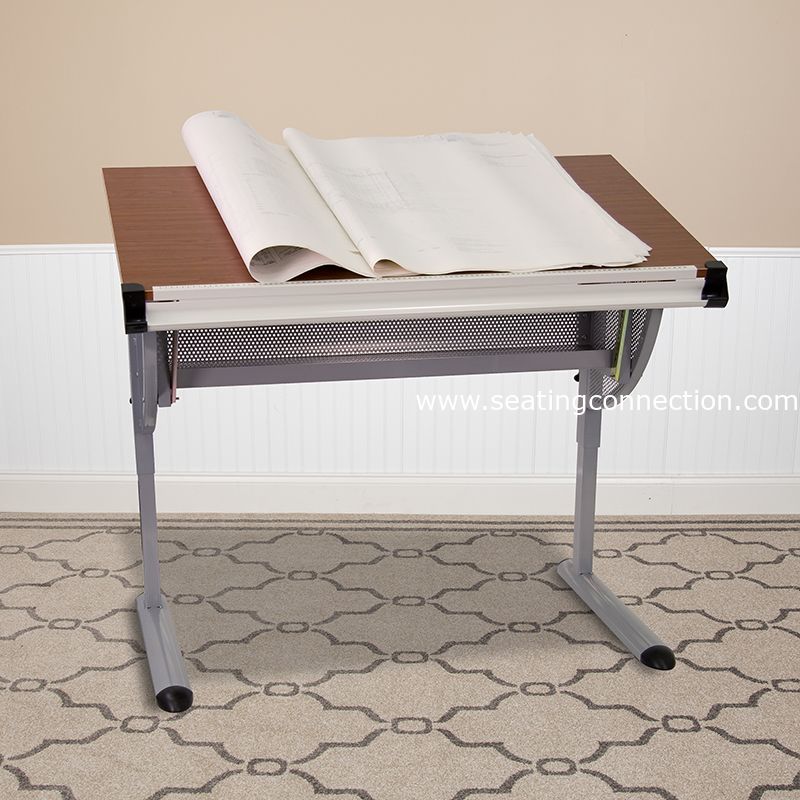 Adjustable Drawing and Drafting Table with Pewter Frame