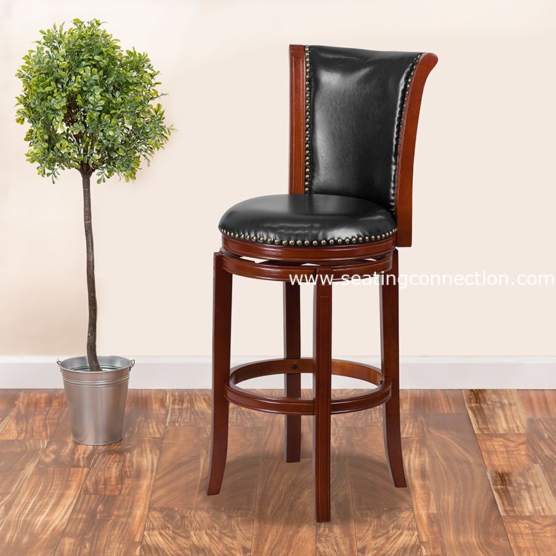 30'' High Dark Chestnut Wood Barstool with Panel Back and Black