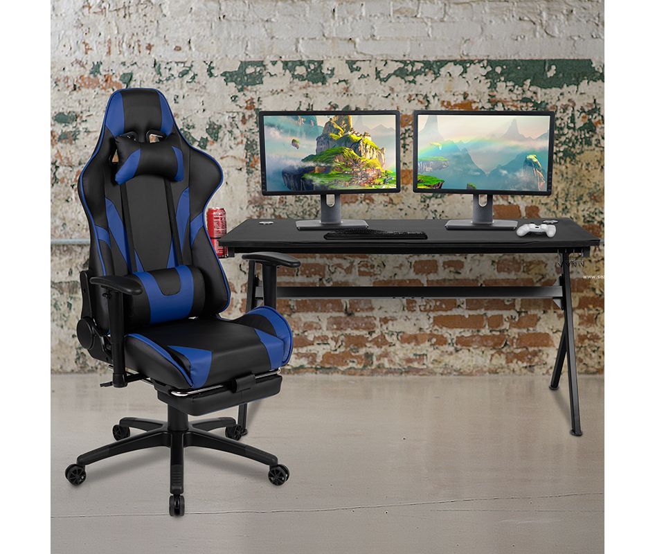 Gaming Desk and Blue Footrest Reclining Gaming Chair Set Cup Holder Headphone Hook Removable Mouse Pad Top Wire Management