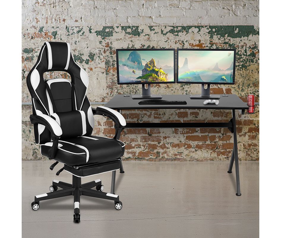 Black Gaming Desk with Cup Holder Headphone Hook 2 Wire