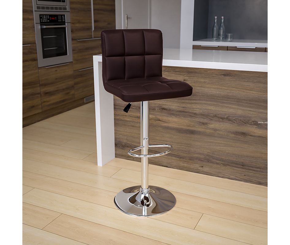 Contemporary Brown Quilted Vinyl Adjustable Height Bar Stool with Chrome Base 