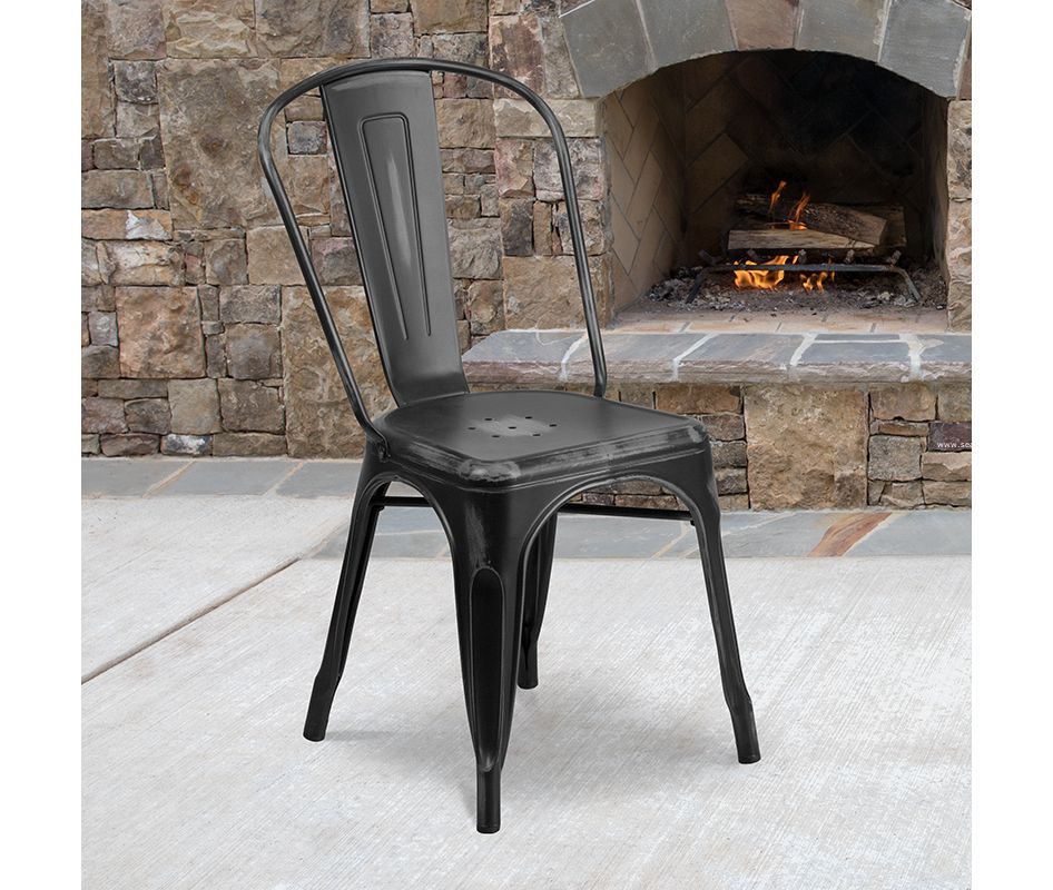 Commercial Grade Distressed Black Metal, Distressed Black Metal Dining Chairs