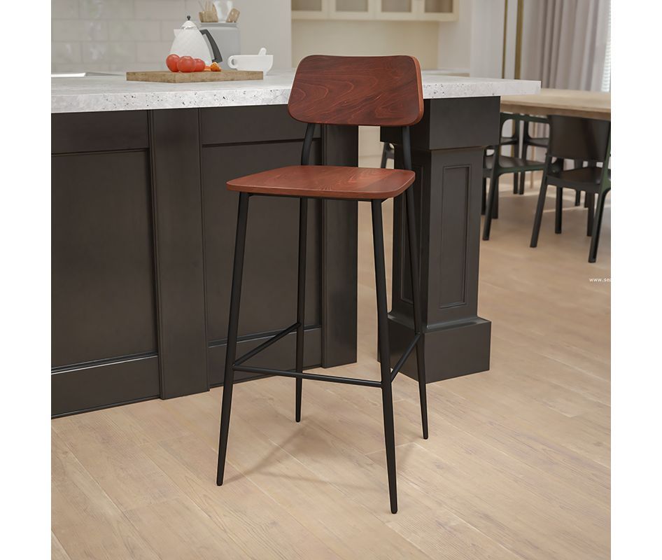 Metal Steel Frame And Rustic Wood Seat, Table 038 Bar Stools With Back